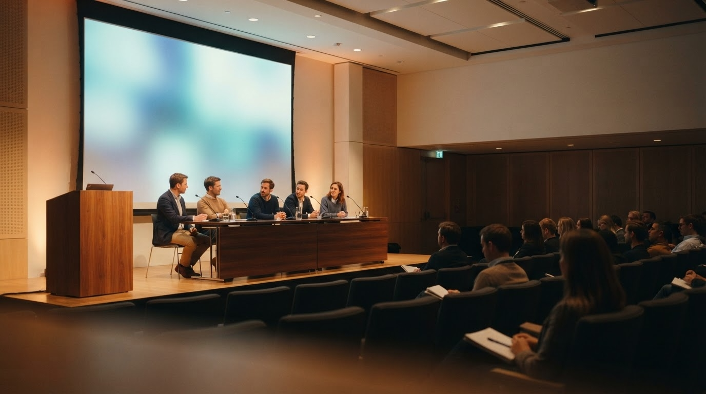 A panel of five speakers at a long table on a conference stage, facing an audience taking notes