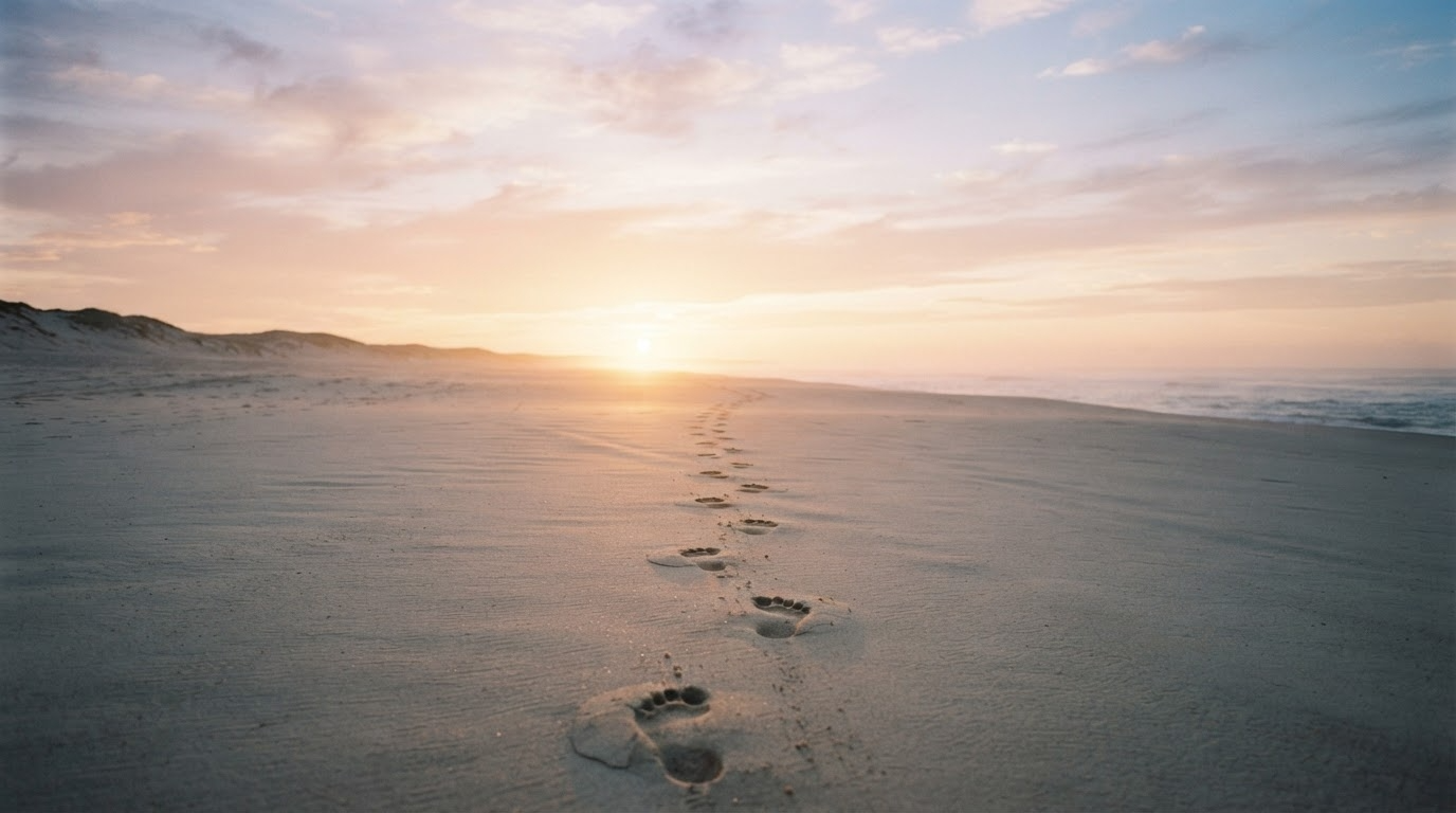 Footprints in sand leading toward the sunrise over the ocean