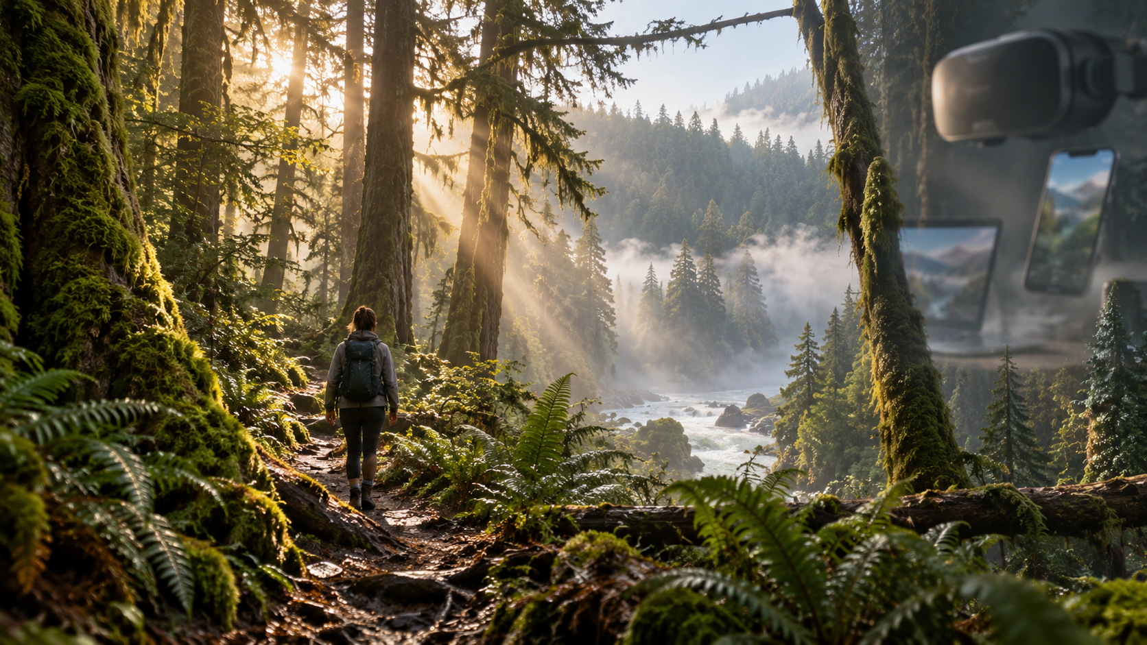 A hiker walking through a moss-covered Pacific Northwest forest as sunlight breaks through the trees, with an RV reflection at the right.